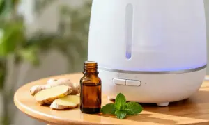 Dyfuzor z niebieskim podświetleniem, buteleczka z olejkiem imbirowym i listki mięty. Idealne olejki eteryczne do inhalacji dla relaksu.
