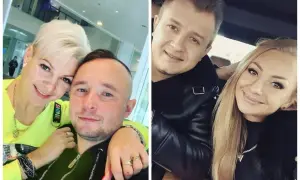 Magda Narożna i jej partner, Dawid Narożny, uśmiechają się do zdjęcia.