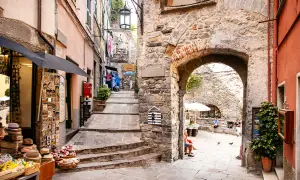 Un vicolo pittoresco nel portovenere centro storico, con negozietti, scalinate in pietra e un arco antico.