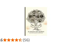 Livre "Je retrouve mes ancêtres", illustré d'un arbre généalogique avec des portraits de mes ancêtres.