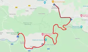 Trasa spływu Dunajcem przez Pieniński Park Narodowy, z zaznaczonym początkiem w Sromowcach Niźnych i metą w Krościenku nad Dunajcem.