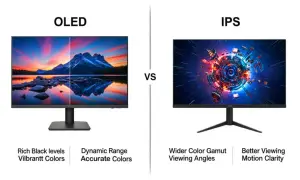 Comparativa de tipos de pantalla: OLED con colores vibrantes y negros profundos, frente a IPS con amplio espectro de color y mejor visión.