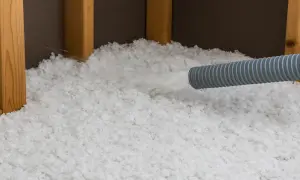 Installazione di isolamento sfuso. Attenzione: la lana di vetro pericolosa può irritare pelle e polmoni.