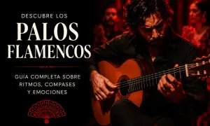 Un guitarrista flamenco interpreta apasionadas canciones flamencas de amor, acompañado por palmas y un abanico rojo.