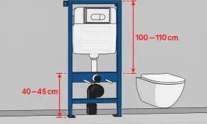 Schemat instalacji WC podtynkowego. Wymiary: 100-110 cm (wysokość spłuczki), 40-45 cm (odległość WC od ściany).