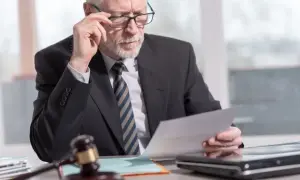 Prawnik w okularach analizuje dokumenty, zastanawiając się, kto dziedziczy jak nie ma dzieci.