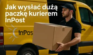 Kurier w czarnej koszulce niesie dużą paczkę przed żółtym vanem InPost.