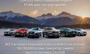 Cinque SUV Chery di vari colori, tra cui rosso, blu e verde, parcheggiate su una superficie ghiacciata con montagne innevate e tramonto sullo sfondo.