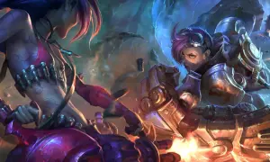 Dwie postacie damskie z League of Legends w akcji. Jinx i Vi walczą, wystrzeliwując pociski i używając swoich mechanicznych ramion.