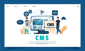 Ilustracja przedstawia ludzi pracujących nad systemami e-commerce, tworząc i zarządzając stronami internetowymi za pomocą CMS.