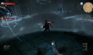 Geralt walczy z Ogarami Dzikiego Gonu w mrocznej lokacji. Keira Metz wspiera go magiczną osłoną. To trudne polowanie na czarownice w Wiedźmin 3.