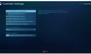 Ustawienia kontrolera Steam: zaznaczone opcje wsparcia dla kontrolerów PS4, Xbox i generycznych.