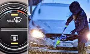 Klimatanläggningens reglage visar hur man ställer in temperatur i bilen på vintern. En person skrapar is från en snötäckt bil.