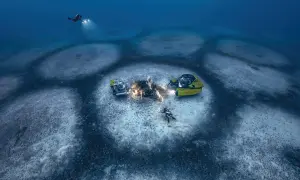 Laurent Ballesta esplora il fondale marino con mini sottomarini gialli e subacquei illuminati, scoprendo misteriosi cerchi sul fondale.
