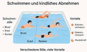 Schwimmen und kindliches Abnehmen: Brust, Kraul, Rücken. Viele Vorteile wie Kalorienverbrauch und Muskelkraft.