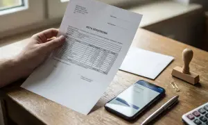 Ręka trzyma dokument "NOTA ODSETKOWA" z tabelą. Obok leży smartfon, długopis, spinacz, pieczątka i kalkulator.