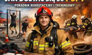 Chcesz wiedzieć, jak zostać strażakiem? Obraz pokazuje trening fizyczny, akcję ratunkową i sprzęt strażacki, wszystko co potrzebne do służby w PSP.