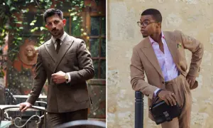 Zwei Männer in eleganten Anzügen. Einer trägt einen braunen Tweed-Anzug, der andere einen hellbraunen Leinenanzug mit pinkfarbenem Hemd. Vielfalt bei den Anzug Farben.