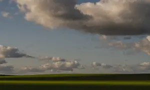 Fotografia krajobrazu. Zielone pole pod niebem pełnym chmur, oświetlone pasmem słońca.