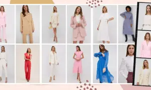 Eleganckie komplety na komunie dla mamy: różowe garnitury, beżowy płaszcz, białe i kremowe zestawy, czerwony kombinezon, sukienki.