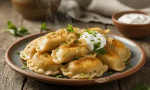 Dampfende Piroggen mit Zwiebeln, Petersilie und einem Klecks Sauerrahm. Ein köstliches Piroggen Rezept zum Nachmachen.