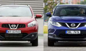 Dwie generacje Nissan Qashqai: czerwony starszy model i niebieski nowszy, z kierowcą w środku.