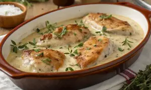 Quatre morceaux de poulet dorés baignant dans une sauce crémeuse onctueuse, garnie d'herbes fraîches. Un délice de poulet à la crème.