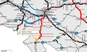 Mapa drogowa Dolnego Śląska z zaznaczonymi drogami ekspresowymi i autostradami.
