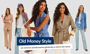 Pięć kobiet prezentuje stylizacje w duchu old money: garnitury, marynarki i eleganckie spodnie.