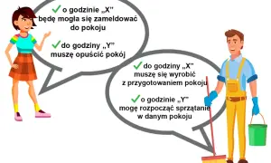 Kobieta pyta o dobę hotelową: kiedy zameldowanie i wymeldowanie. Pracownik hotelu odpowiada o godzinach przygotowania pokoju i sprzątania.
