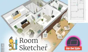 En 3D-vy av ett hus med möbler och en planlösning. Ett ritprogram för hus som hjälper dig att skapa ditt drömhem.