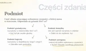 Diagram przedstawiający cztery rodzaje podmiotu w zdaniu: gramatyczny, logiczny, domyślny i szeregowy.