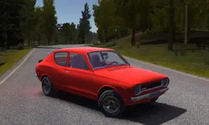 Czerwony, klasyczny samochód na letniej drodze, gotowy na przygodę w grze "my summer car".