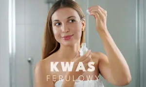 Kobieta aplikuje serum z kwasem ferulowym na twarz. Skóra promienieje zdrowiem.