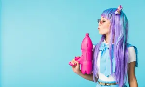 Dziewczyna w peruce w stylu kawaii z fioletowymi i niebieskimi włosami trzyma różowy pistolet na wodę.