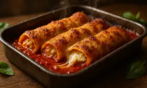 Cannellonis gratinés dans leur sauce tomate, un délice pour une recette cannelloni parfaite. La vapeur s'échappe, le fromage fond.