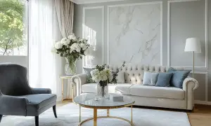 Elegancki salon z sofą i fotelem. Inspiracja na to, jak zrobić ścianę w salonie z efektem marmuru.