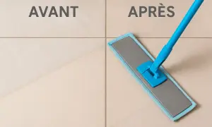Avant/après : un balai bleu nettoie le carrelage, montrant l'efficacité pour enlever la laitance du carrelage.