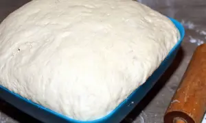 Puszyste ciasto na pizzę w niebieskiej misce, gotowe do pieczenia. Dowiedz się, jak rozmrozić ciasto na pizzę, by było idealne.