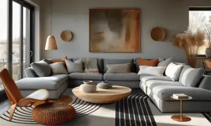 En modern lounge med en stor grå soffa, ett runt träbord och en abstrakt tavla som en statement piece.