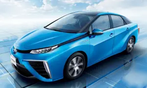 Niebieski samochód Toyota Mirai na tle błękitnego nieba z chmurami.