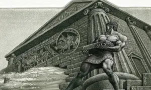 Herkules przenosi kamień przed monumentalną budowlą, która przypomina stajnię Augiasza.
