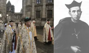 Duchowni w strojach liturgicznych i portret biskupa w birecie.