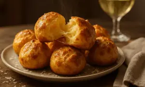 Gougeres au fromage chauds et filants, prêts à être dégustés avec un verre de vin blanc.