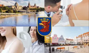Kolaż: widok na Szczecin, dermatolog badający znamię, lekarz badający skórę pacjentki, herb Szczecina, kolorowe kamienice.
