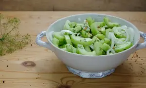 Schneide Gurken für ein schnelles Rezept: Gurkensalat mit Zwiebeln, Dill und Senfkörnern in einer Schüssel.