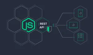 Illustration d'un logo Node.js et d'une API REST sécurisée, connectée à des appareils comme un téléphone, un ordinateur portable et un serveur. Idéal pour un tuto Node.js.