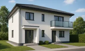 Nowoczesne projekty domów jednorodzinnych dwulokalowych z balkonem i dużymi oknami. Dwa wejścia, biała elewacja, szary dach.