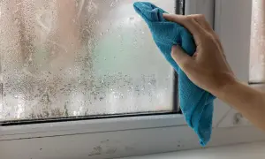 Dłoń z niebieską ściereczką wyciera zaparowane okno, walcząc z wilgocią w domu.