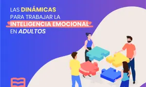 Adultos trabajando juntos en dinámicas para mejorar la inteligencia emocional, uniendo piezas de rompecabezas de colores.